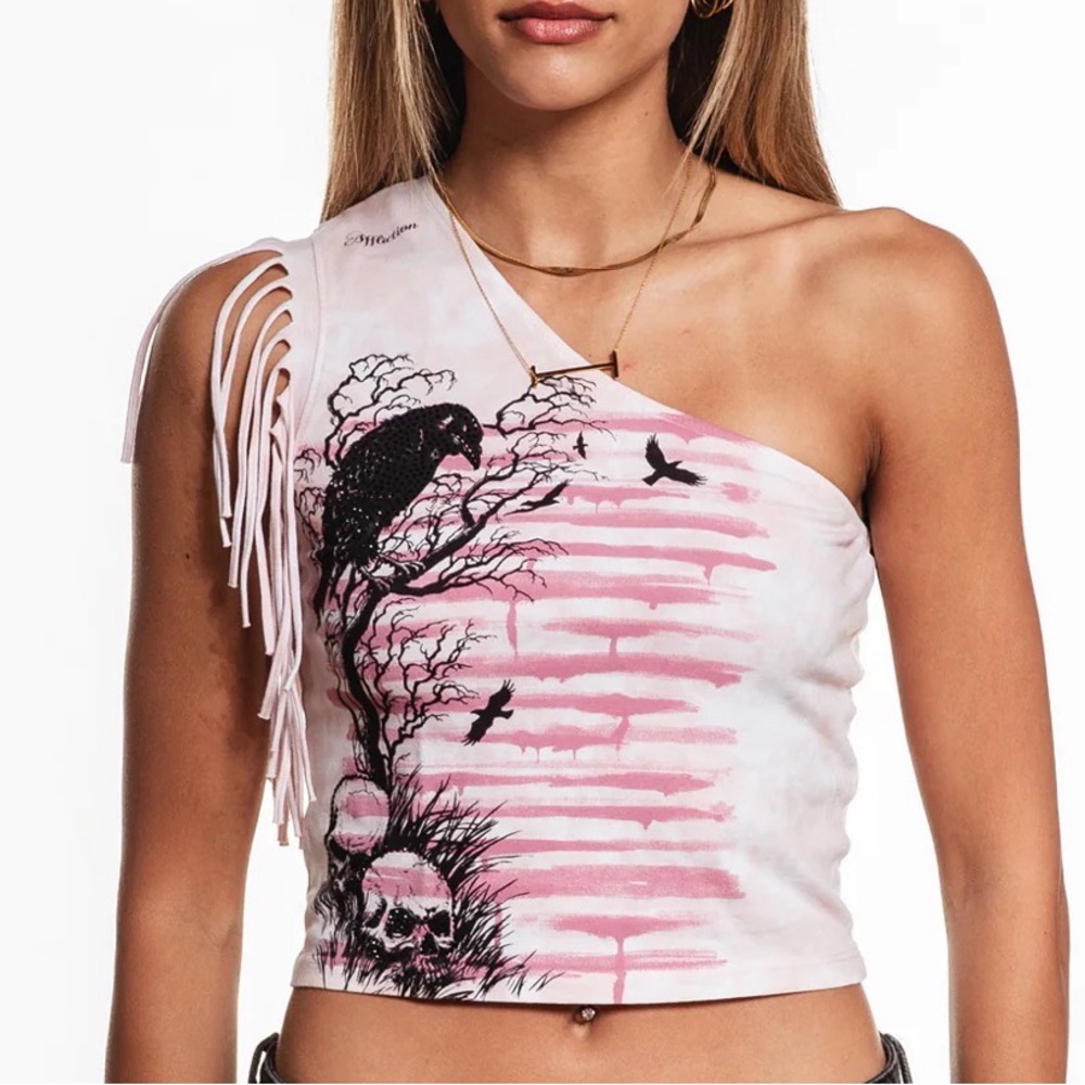 Affliction Woman’s Small Limited Edition Crow With Skull Off The Shoulder Top